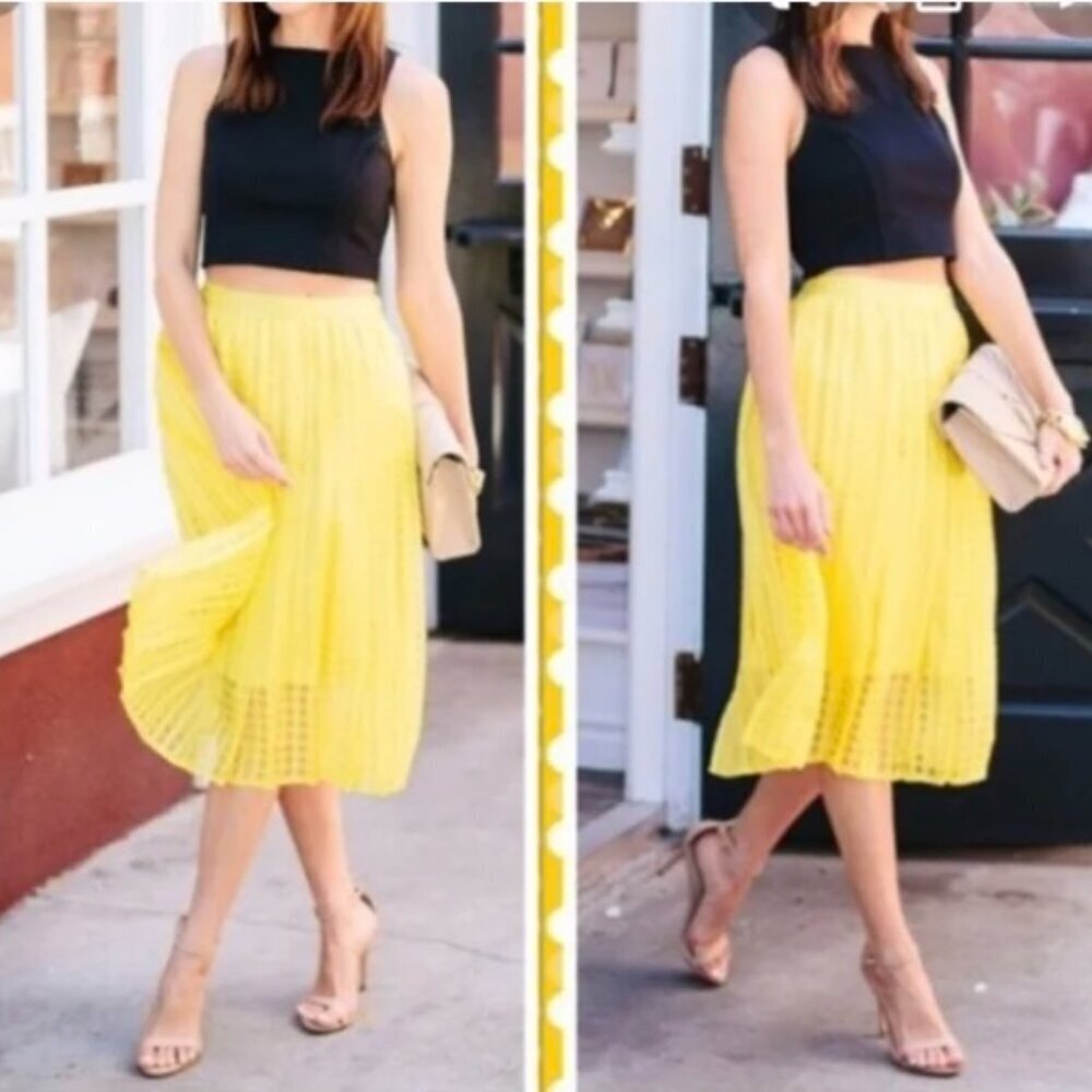 Elle Yellow Sheer A-Line Checker Print Skirt Bold Fun Lined Full Size 8 Women's